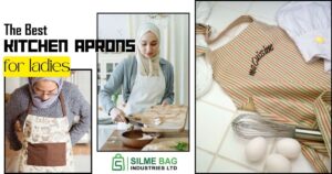 Women are wearing all over prints and white cotton kitchen apron and stunning chef apron is presented with kitchen utensils.
